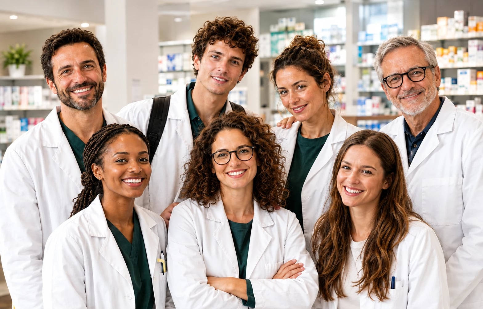 Équipe de sept professionnels de la pharmacie en blouse blanche, souriants, devant des rayonnages