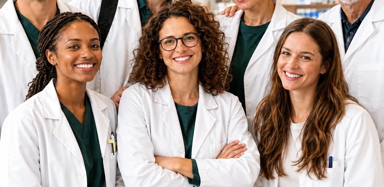 Trois jeunes professionnelles de la pharmacie, souriantes, en blouse blanche