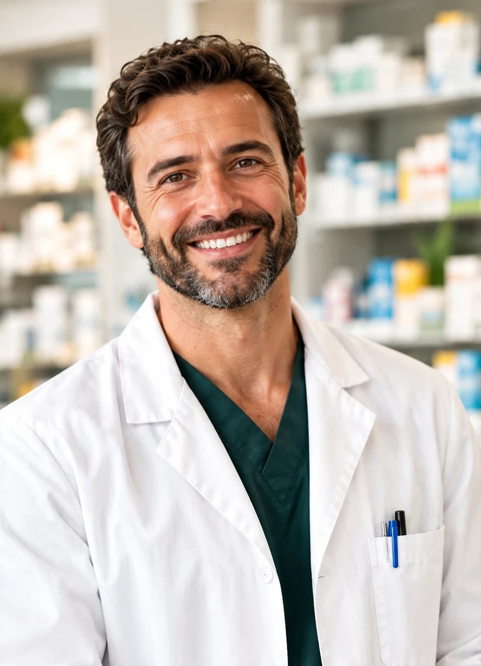 Pharmacien souriant en blouse blanche, devant les rayonnages d’une officine