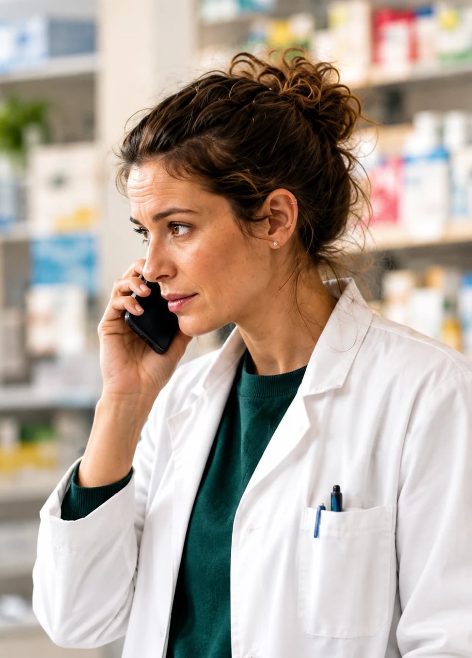 Pharmacienne en blouse blanche au téléphone, dans une officine